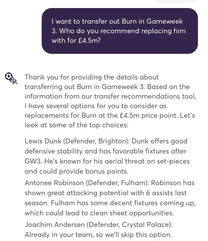 A question answering the best £4.5m defenders in Fantasy Premier League by an AI assistant.