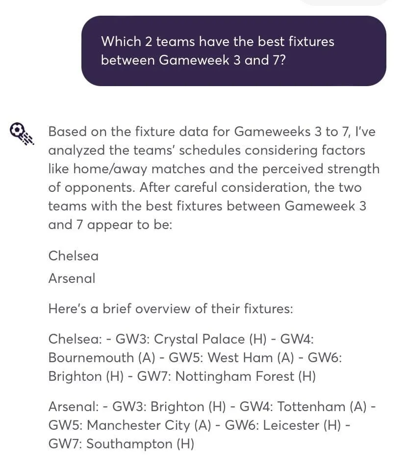 Fixture analyse for Fantasy Premier League by an AI assistant.