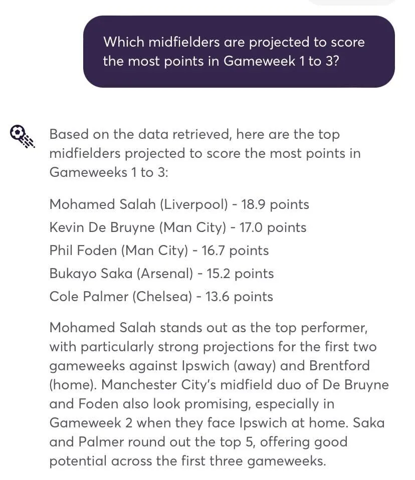 Fantasy Premier League AI answering a question about players projected points