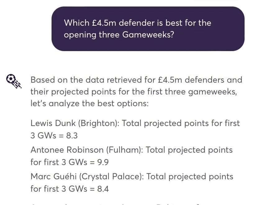 FPL artificial intelligence answering question about budget defenders