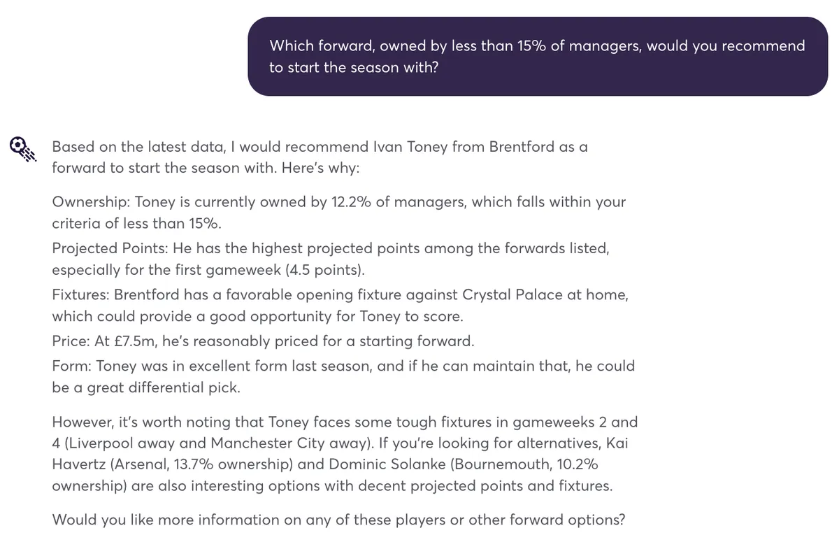 Fantasy Premier League AI assistant discussing forward differentials