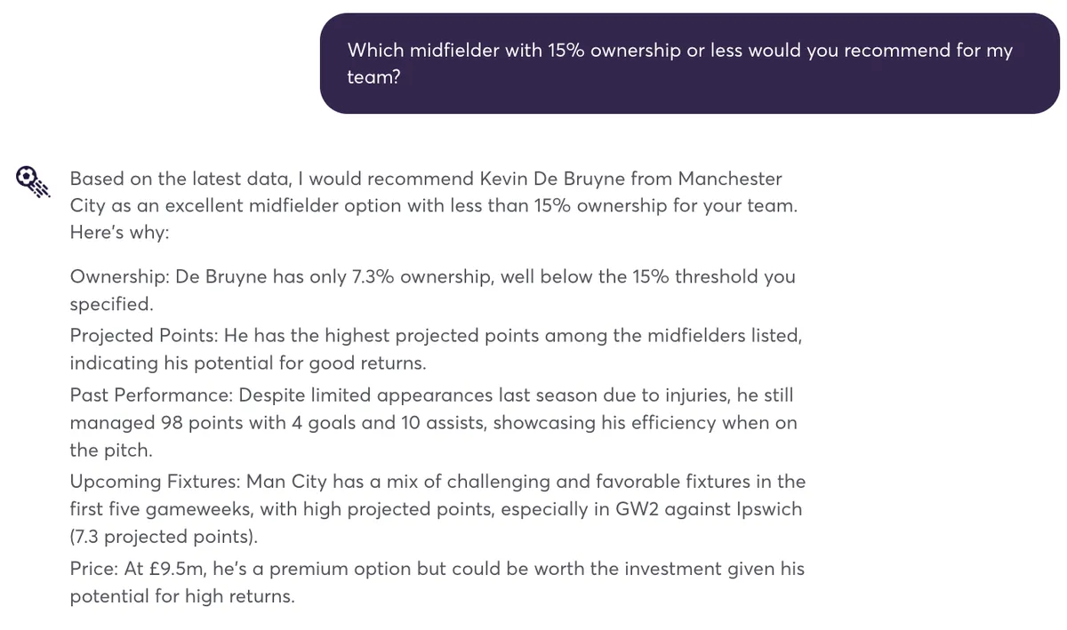 Fantasy Premier League AI assistant discussing De Bruyne as a differential pick