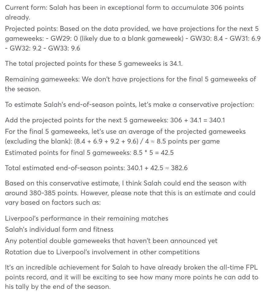 AI projection of how many points Salah will score